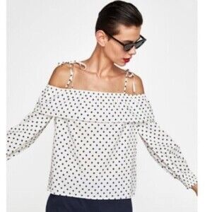 Zara Off Shoulder Linen Blend Polka Dot Top Xs